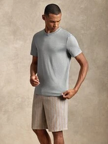 Provexi Provexi 2pcs Men's Solid Color Crew Neck Short Sleeve Top & Drawstring Striped Shorts Loungewear Set - Multicolor - View 6
