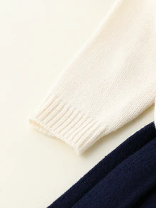 SHEIN 嬰兒熊刺繡毛衣套裝，女嬰針織兩件套，海軍藍百褶裙，可愛貼布熊刺繡，學院風設計，簡約米白色＋海軍藍配色，氛圍感強 - 藏蓝色 - 查看 6