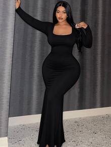 Slaydiva Plus Size Women's Sexy Solid Color Square Neck Long Sleeve Mermaid Dress, Suitable For Party Wear - Multicolor - View 4