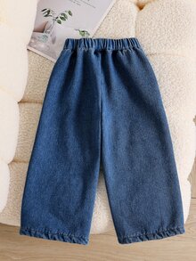 Genkimix Kids 女童藍色保暖內裡直筒牛仔褲，抽繩腰頭，加厚毛絨內裡，休閒返校褲，適合秋冬 - 寶藍色 - 查看 2