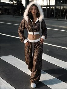 SuriyaCove New Leopard Print Hooded Fur Collar Sweatshirt Jacket & Leopard Print Casual Long Pants 2pcs Set - Multicolor - View 4