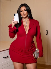 NU&NOW Plus Size Ruched Bodycon Blazer Collar Sexy Elegant Dress Fall - Burgundy - View 4