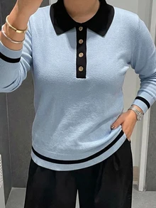 Livesso 趣味配色拼接 Polo 領休閒短袖大尺碼女款春夏針織上衣 - 淺藍色 - 查看 5