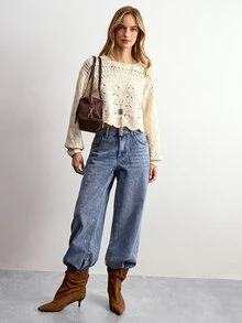 Willow Rêve Sweater Pullover Kasual Lengan Panjang Bahu Jatuh Berlubang Warna Krem untuk Wanita - Krim - View 3