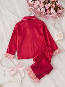 Girls' Solid Satin Ruffle Sleeve Long Sleeve Top And Pants With Pockets And Embroidery 2 Pieces Set, Spring/Autumn - Burgundy - View 2