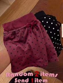 SHEIN Tween女孩小波點針織裙，內建內搭褲，休閒抽繩裙 - 酒紅色 - 查看 4