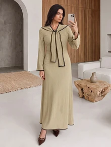Rue Lumi Gaun Rajut Lengan Panjang dengan Simpul Depan untuk Wanita - Khaki - View 5