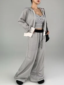 DAZY Women's Striped Colorblock Camisole Top And Long Pants Sports Set - Black and White - View 6