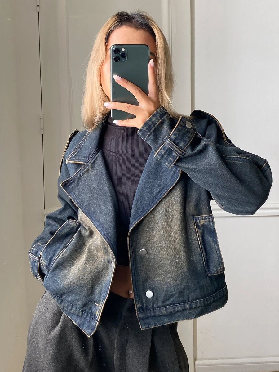 DAZY Women's Single-Breasted Casual Everyday Denim Jacket - Grey - View 1