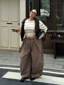 Muchica New Autumn Plus-Size Women's American-Style Plaid Wide-Leg Trousers With Pleats And Curved Hem Fall - Multicolor - View 6