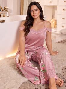 MuseNap CURVE Plus Size Asymmetrical Shoulder Spaghetti Strap Lace Top & Printed Long Pants Loose Loungewear Set For Women, Autumn/Winter - Multicolor - View 3