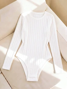 SHEIN LUNE Women Round Neck Ribbed Long Sleeve Bodysuit Slim Stretch Basic Daily Top - Apricot - View 4