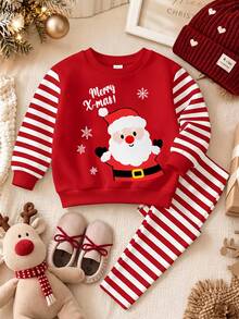 Baby Girls Festive Halloween & Christmas 2 Pieces Set, Cute Santa Claus Pattern Pullover Top And Striped Leggings Holiday Clothing - Multicolor - View 4