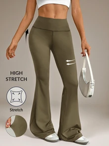 SHEIN Tall 女款高腰彈性瑜伽褲，修身健身緊身褲深棕色休閒運動風，適合高個子女性健身房秋季穿著 - 綠色 - 查看 2
