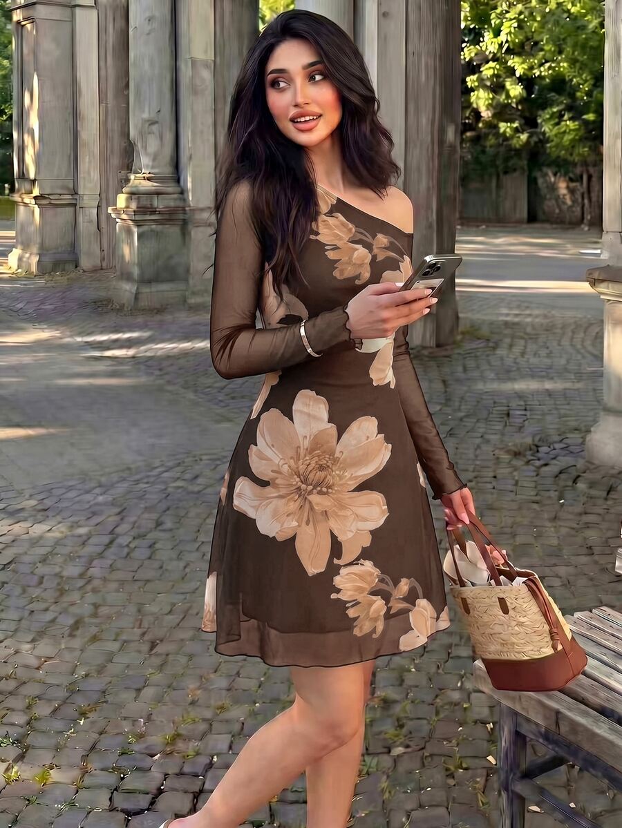 Modelyn 深棕色網格印花不對稱領口百褶優雅浪漫性感夏季女款約會洋裝 - 卡其色 - 查看 1