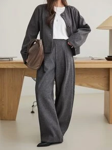 Dazy-Less Women's Solid Color Long Sleeve Single-Breasted Jacket And Pants Casual 2 Pieces Set - Grey - View 3