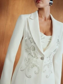 MOTF PREMIUM WOMEN'S HEAVY EMBROIDERY LAPEL DEEP V-NECK DOUBLE-BREASTED LIGHT CEREMONIAL BLAZER, AUTUMN/WINTER - Beige - View 2