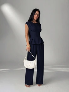 SHEIN PETITE 女款純色上衣與長褲休閒日常兩件套 - 藍色 - 查看 6