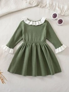 Cozy Pixies Baby Girl Knitted Colorblock Ruffle Hem Cute Floral Pattern Sweater Dress Autumn - Multicolor - View 6