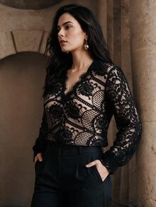 Cravure Plus Size Women's Autumn/Winter Asymmetric Lace Contrast Color Elegant Exquisite Casual Blouse - Black - View 3