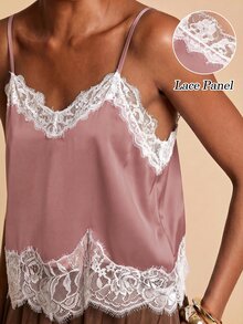 Travachic 女款夏季休閒純色對比蕾絲細肩帶背心上衣 - 粉色 - 查看 7