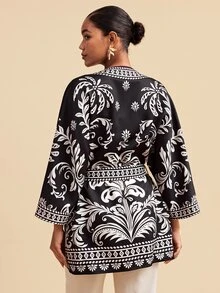 Travachic Women's All-Over Print Waist Tie Casual Versatile Long Sleeve Jacket - Black - View 2
