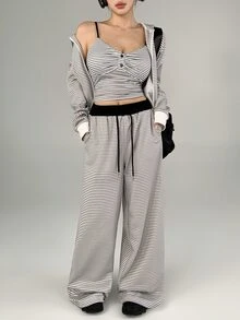 DAZY Women's Striped Colorblock Camisole Top And Long Pants Sports Set - Black and White - View 9