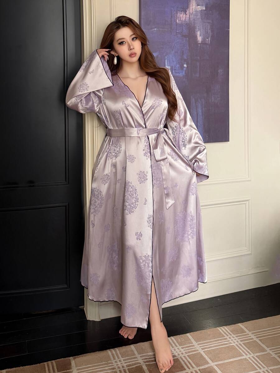 Dazy Plus Elegant Floral Jacquard Satin Robe For Autumn And Winter - Purple - View 1
