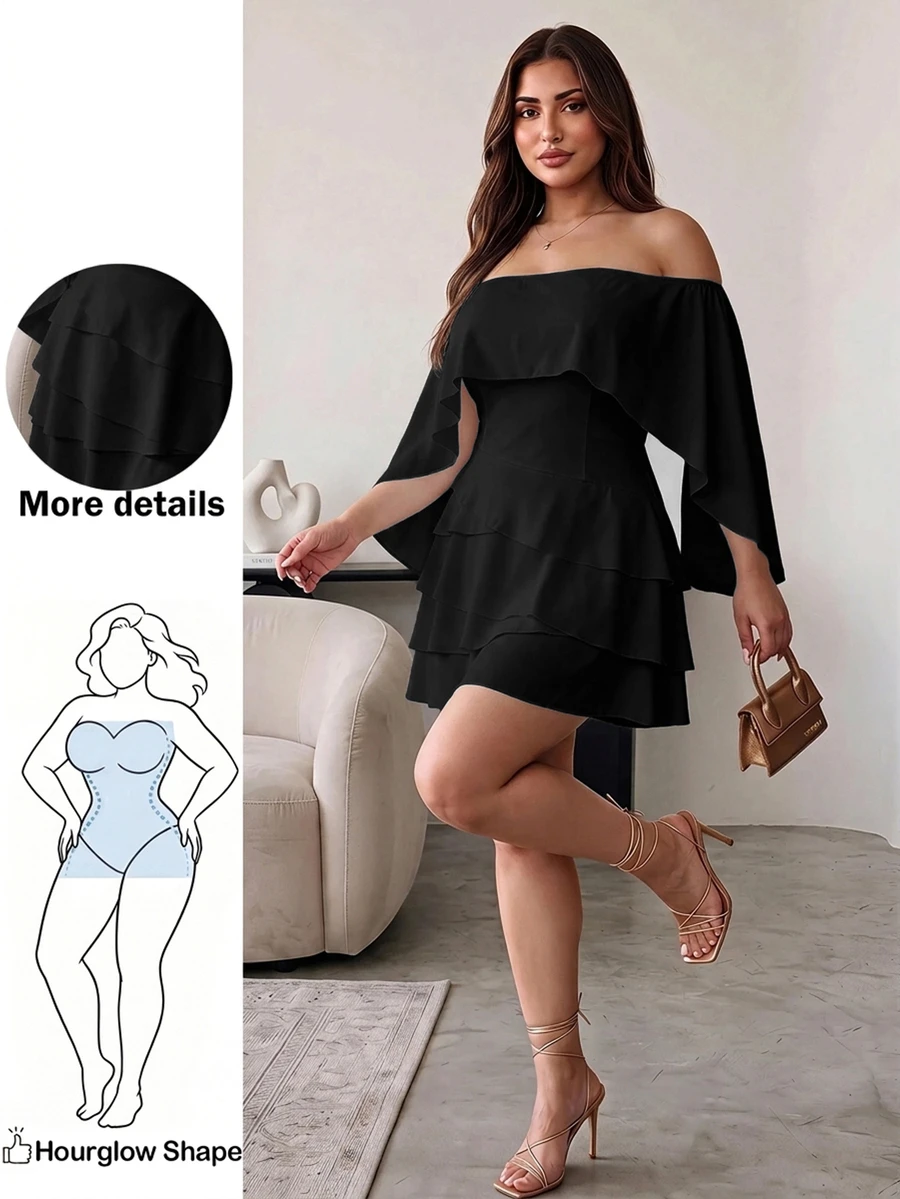 Hourglow Plus Size Women's Off Shoulder Cape Sleeve Mini Dress, Waist-Defining Layered Ruffle Elegant Party Dress For Shape - Black - View 1