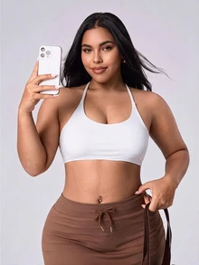 Rhythm Era Women's Plus Size Solid Color Halter Neck Everyday Fitness Sports Bra - White - View 2