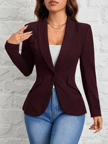 SHEIN PETITE 適合通勤的夏季穿著，女款黑色單扣披肩領西裝外套，商務休閒優雅風，適合嬌小身型，教師節辦公商務穿搭 - 紫紅色 - 查看 7
