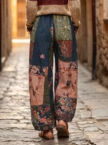 Linhara CURVE Plus Size Women's Middle-Aged Floral Print Casual Boho Bohemian 1960s Versatile Daily Travel Long Pants Autumn Vacation Blue Fall - Multicolor - View 2