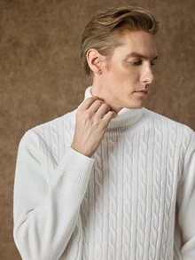 Manfinity CityGents 男士高領長袖套頭毛衣，休閒針織秋冬服飾，白色慵懶時尚通勤穿搭，百搭扭繩高領長袖套頭毛衣 - 白色 - 查看 2