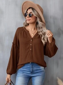 SHEIN LUNE Notched Neckline Lantern Sleeve Blouse,Casual - Brown - View 4