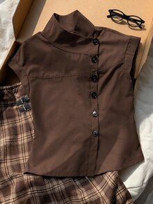 Comfortcana Women's Fashion Versatile Asymmetrical Button Trench Coat Jacket Street Style Elegant Teachers' Day Office Brown Autumn - Brown - View 5