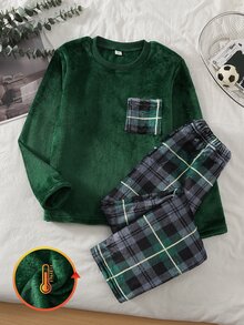 SHEIN 男童時尚休閒極簡舒適日常保暖秋冬加厚保暖內裡深綠色格紋圓領長袖上衣配拼接格紋口袋與長褲睡衣套裝 2件家居服 - 彩色 - 查看 4
