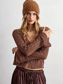 Willow Rêve Women's Brown Open Front Jacquard Knit Cardigan With Bell Sleeves - Rust Brown - View 4