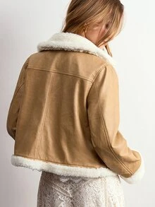 Willow Rêve Women's Khaki Lambswool Collar PU Short Jacket - Khaki - View 2