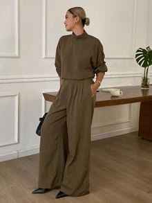 Livesso Women's Solid Color Long Sleeve Top And Pants Casual Daily 2 Pieces Set - Army Green - View 5