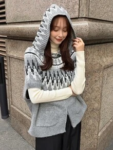 FRIFUL Women's Autumn/Winter Geometric Pattern Zipper Front Hooded Knit Vest - Grey - View 8