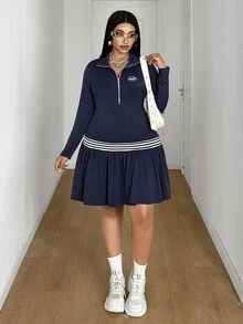 Maweii Plus Size Fashion Charming Lapel Zipper Fitted Ribbed High Elasticity Textured Fabric Ruffle Hem Long Sleeve Dress, Daily Outing, Sports Casual, Fashion Versatile, Autumn/Winter New Dress - Navy Blue - View 6