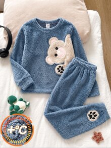 SHEIN 小男孩日韓風冬季卡通刺繡熊圖案圓領標準肩長袖上衣與長褲 2件組 柔軟舒適雙面珊瑚絨睡衣套裝 - 藍色 - 查看 3