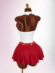 Amplova Halloween Magic Academy Style Cut-Out Waist Umbrella Skirt Cross Strap Backless With Lining Tie Neck Women's Fitted Mini Dress - Burgundy - View 10