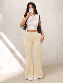 SHEIN PETITE Women's Solid Color High Waist Casual Versatile Daily Flare Pants - Apricot - View 4