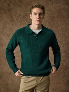 Manfinity CityGents Men's Ribbed Minimalist Button Half-Placket Long Sleeve Sweater - Dark Green - View 6