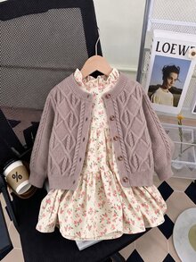 SHEIN 女童純色針織圓領花瓣袖休閒開襟外套 秋冬毛衣 - 卡其色 - 查看 2