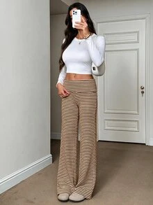 SHEIN Tall 女款休閒卡其色條紋長褲，適合上班與休閒穿著 - 棕色 - 查看 6
