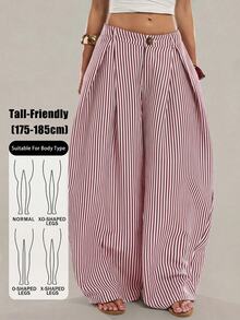 SHEIN Tall 藍白條紋寬腿長褲，適合高個女性，時尚休閒，適用於工作、度假與日常，秋季款 - 酒紅色 - 查看 4