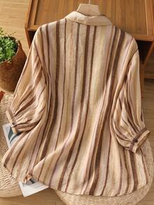 SHEIN LUNE CURVE 大尺碼仿亞麻條紋印花休閒通勤舒適長袖女款襯衫 - 卡其色 - 查看 2