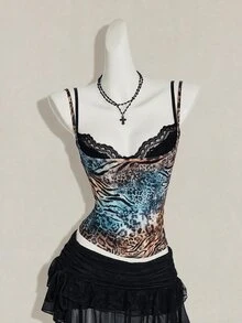 SHEIN ICON 女款豹紋透視細肩帶上衣搭配黑色蕾絲內衣 2件組 - 彩色 - 查看 5